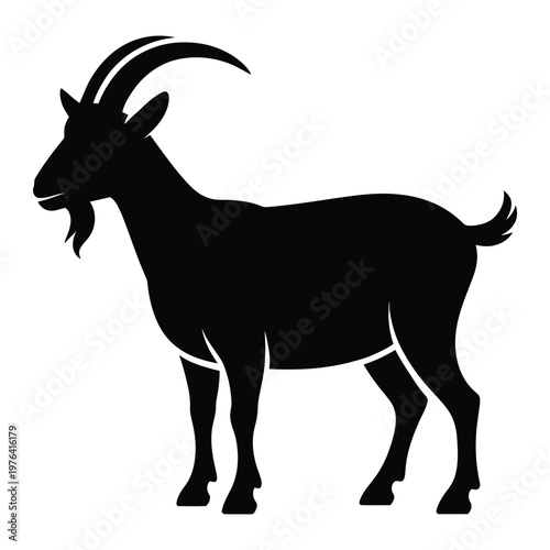 A striking black silhouette of a majestic goat standing in profile showcasing its horns and beard silhouette