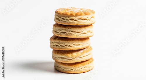 Stack of Golden Brown Biscuits on White Background.