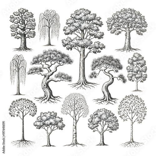 Majestic Realistic Tree Collection with Mature Trunks and Varied Species, Hand Drawn Set of Tall Pines, Weeping Willows, and Sturdy Oaks for Landscape Architecture Vector Illustration