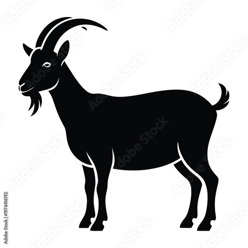 A striking black silhouette of a male goat with large horns standing in profile silhouette