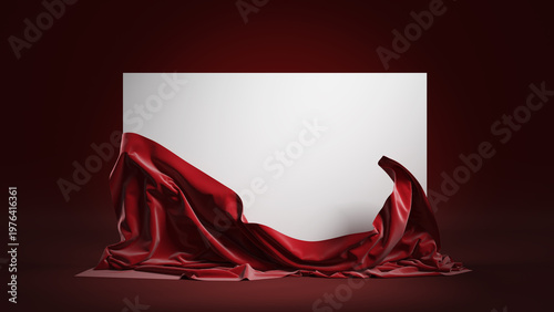 A luxurious red silk cloth is pulled back to reveal a blank white screen, perfect for presentations or announcements. Blank white board with copy space.  