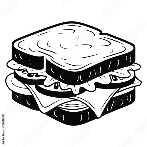 A detailed black and white illustration of a stacked sandwich with visible fillings silhouette