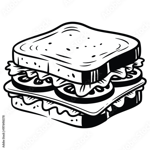 A detailed black and white illustration of a stacked sandwich with fillings showcasing a silhouette