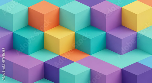 A vibrant abstract pattern composed of colorful isometric cubes in pastel shades arranged in a dynamic composition.