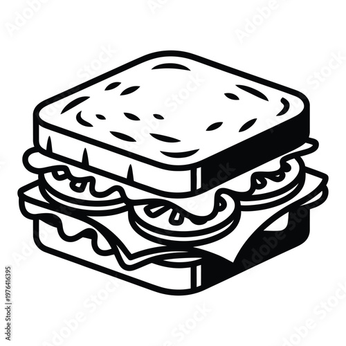 A simple black and white illustration of a stacked sandwich with visible ingredients silhouette