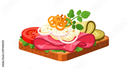 A colorful vector graphic illustration of a delicious sandwich with various toppings