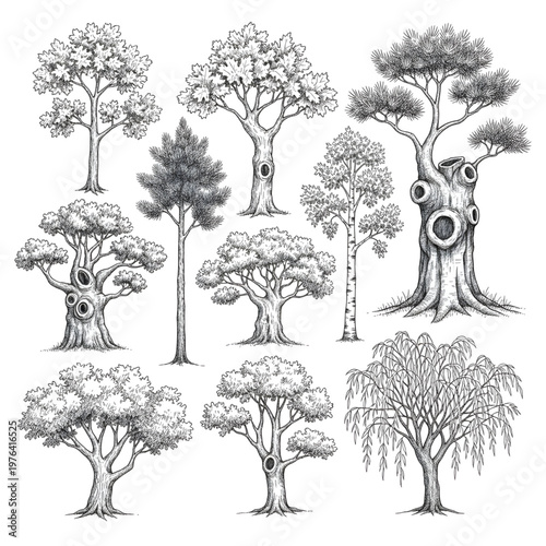 Ancient Gnarled Tree Collection with Large Hollows and Detailed Bark, Hand Drawn Set of Mature Oak and Willow Styles for Landscape Character Design Vector Illustration