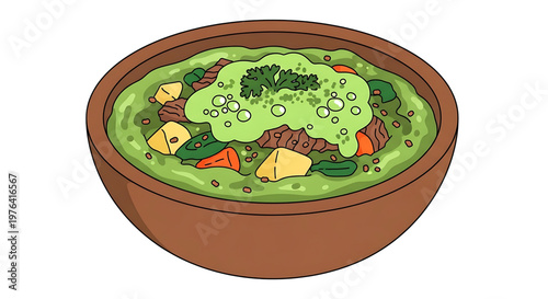 A vibrant illustration of a steaming bowl of green soup with vegetables and cheese