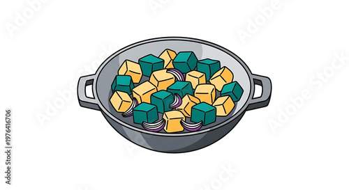 A colorful vector graphic illustration of a pan filled with cubed food ingredients