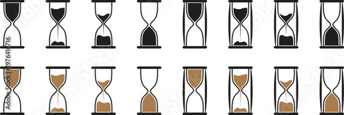 Hourglass sand timer vector icon set. Ancient clock instruments for time management and deadline measurement isolated on transparent background. Traditional sandglass design elements for countdown.