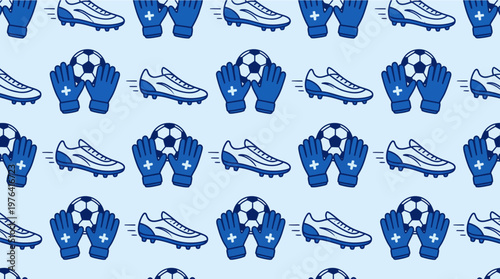 Soccer cleats and balls pattern on light blue background sports equipment illustration