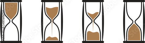 Hourglass sand timer vector icon set. Ancient clock instruments for time management and deadline measurement isolated on transparent background. Traditional sandglass design elements for countdown.