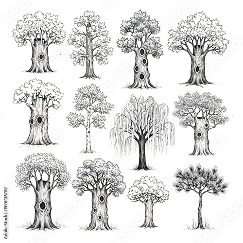 Realistic Gnarled Tree Set with Detailed Bark and Hollows, Hand Drawn Collection of Ancient Oaks and Textured Trunks with Lush Foliage Vector Illustration