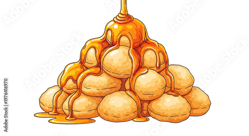 A vector graphic illustration of a pile of dumplings smothered in a rich, golden sauce