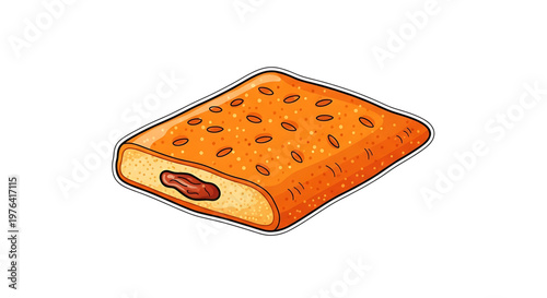 A vector graphic illustration of a hot dog bun with sesame seeds and a cut side showing the hot dog inside