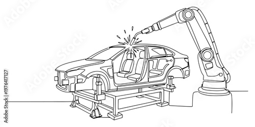 Continuous line drawing of a robotic arm welding a car frame on an industrial assembly line