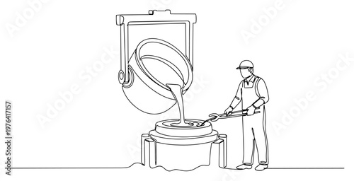 Minimalist one line drawing of a foundry worker pouring molten liquid metal into a industrial mold