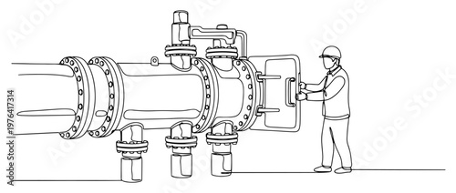 Continuous line drawing of a worker opening a large valve on an industrial pipeline system