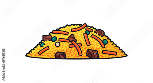 A colorful vector illustration of a delicious paella dish with various ingredients