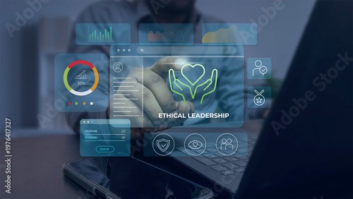 Canvas Print Person using futuristic touchscreen interface displaying ethical leadership conc