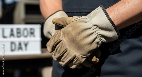 A person wearing work gloves standing next to a labor day sign, symbolizing workers and labor