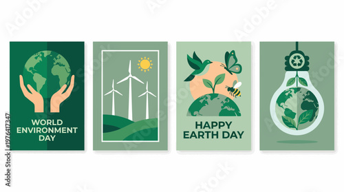Earth day illustrations set eco friendly posters with globe wind turbines leaves and light bulb celebrating world environment day and sustainability