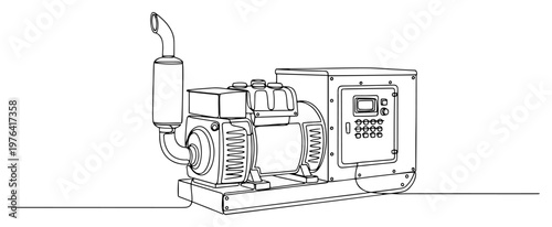 Minimalist one line drawing of a portable industrial diesel generator for backup power supply