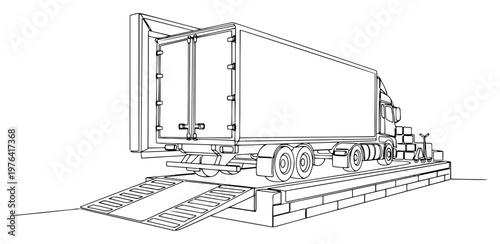 Single line art illustration of a heavy cargo truck parked at a warehouse loading dock ramp