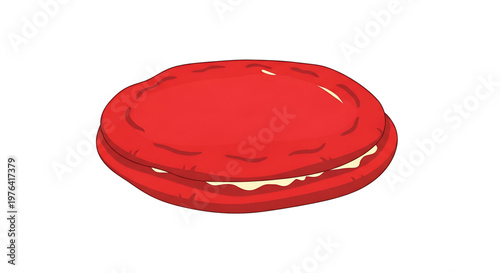 A vibrant red macaron with creamy filling on a plain white background