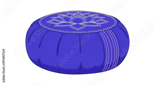 A vibrant blue pouf with a white floral design on a clean white background