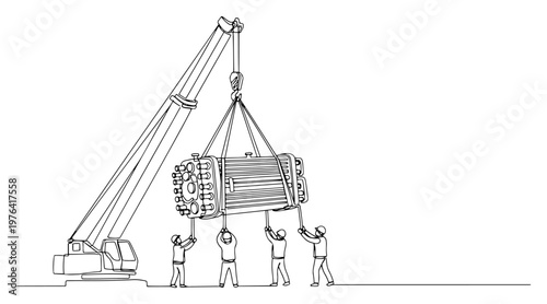 Minimalist one line drawing of a mobile crane lifting heavy machinery with a team of workers