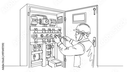 Single line art illustration of an electrical engineer working on an industrial control panel box