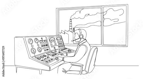 Professional operator at industrial control panel station overlooking a factory with smoking chimneys