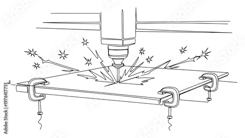 Minimalist one line drawing of an industrial machining tool drilling through a metal sheet with sparks