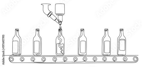 Minimalist one line drawing of an automated bottling line filling glass bottles on a conveyor belt