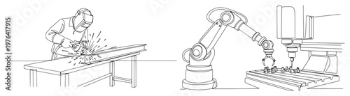 Single line art illustration of a professional welder and an automated robotic arm in a factory