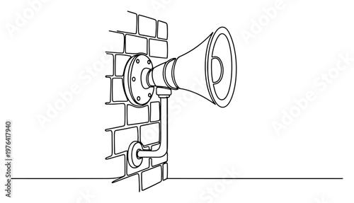 Foto Continuous line art of an industrial emergency siren horn mounted on a brick wal