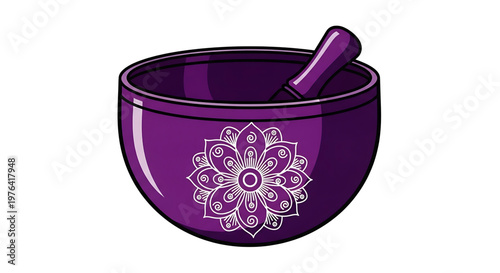 A purple singing bowl with a white mandala design and mallet on a plain background