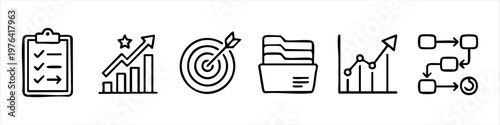 Set of Hand-Drawn Business Icons Featuring Checklist, Growth Chart, Target, Folder, Data Analysis, and Workflow Process for Strategic Planning