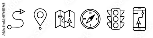 Set of Minimalist Line Art Navigation and Travel Icons Including Map, GPS Pin, Compass, and Traffic Light