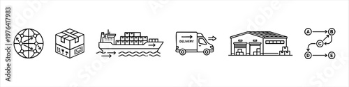 Global Logistics and Supply Chain Management Line Icon Set featuring Cargo Ship, Delivery Van, Warehouse, Packaging, Global Network, and Route Planning