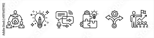 Business and Teamwork Line Icons Set for Leadership, Creative Ideas, Communication, Problem-Solving, and Strategic Growth