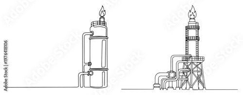 Continuous line art of an industrial oil refinery plant with distillation tower and flare stack