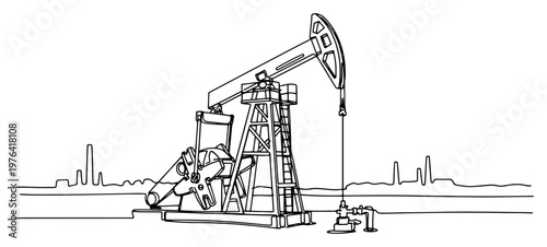 One line drawing of an industrial oil well pumpjack for petroleum extraction