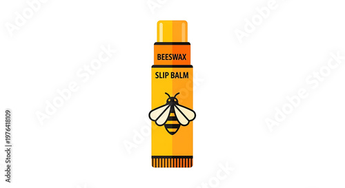 A vector graphic illustration of a yellow beeswax lip balm tube with a bee design on a white background