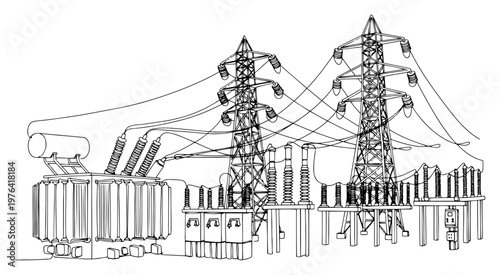 Continuous line drawing of an electrical power substation with high voltage pylons and transformer