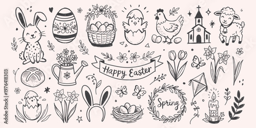 a big collection of Easter doodle icon set with egg and bunny  chick spring cute hand drawn design. Rabbit and butterfly  flower basket and dove  church holiday vector set. Happy Easter background  