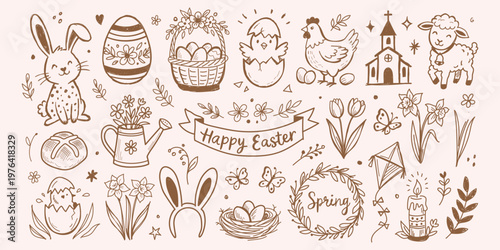 a big collection of Easter doodle icon set with egg and bunny  chick spring cute hand drawn design. Rabbit and butterfly  flower basket and dove  church holiday vector set. Happy Easter background  