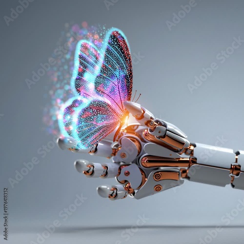 Human hand reaches out to touch colorful digital butterfly in a creative digital setting during daylight hours