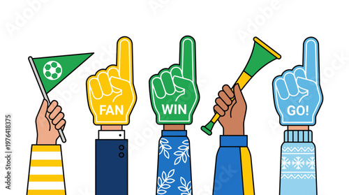 Cheering hands with gestures and sports accessories expressing fan support and enthusiasm